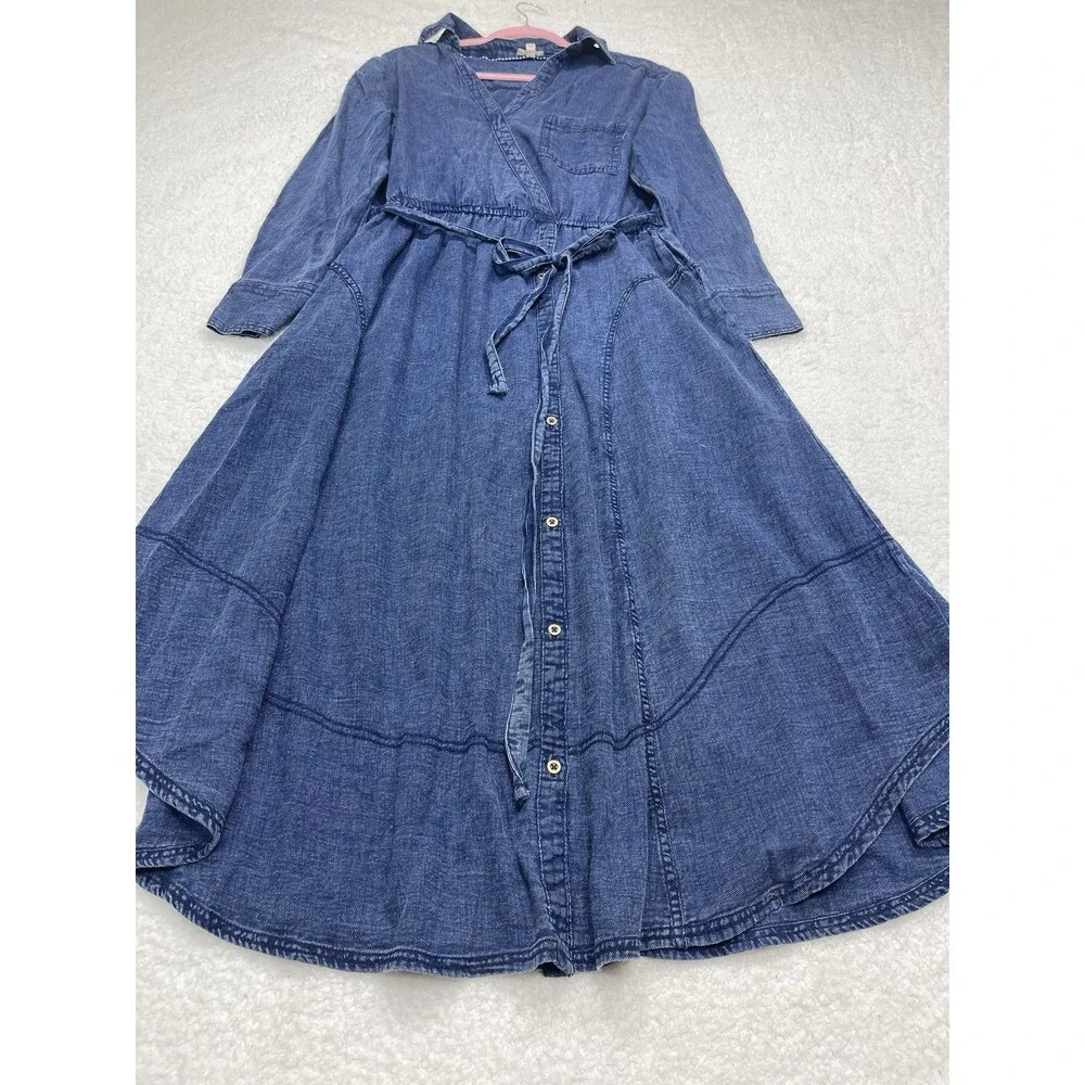 Anthropologie Pilcro Dress Wrap Midi Blue V Neck Cotton Preppy Boho Medium NWT